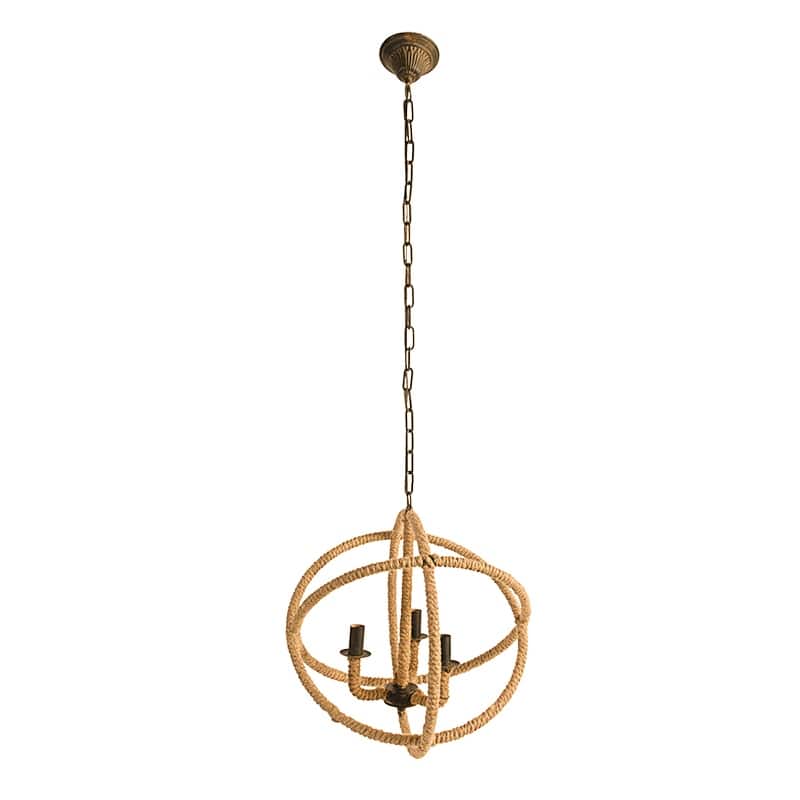 3- Light Farmhouse Chandelier, Rope Chandelier Globe Hanging Light Fixture with with Adjustable Chain, Bulb Not Included