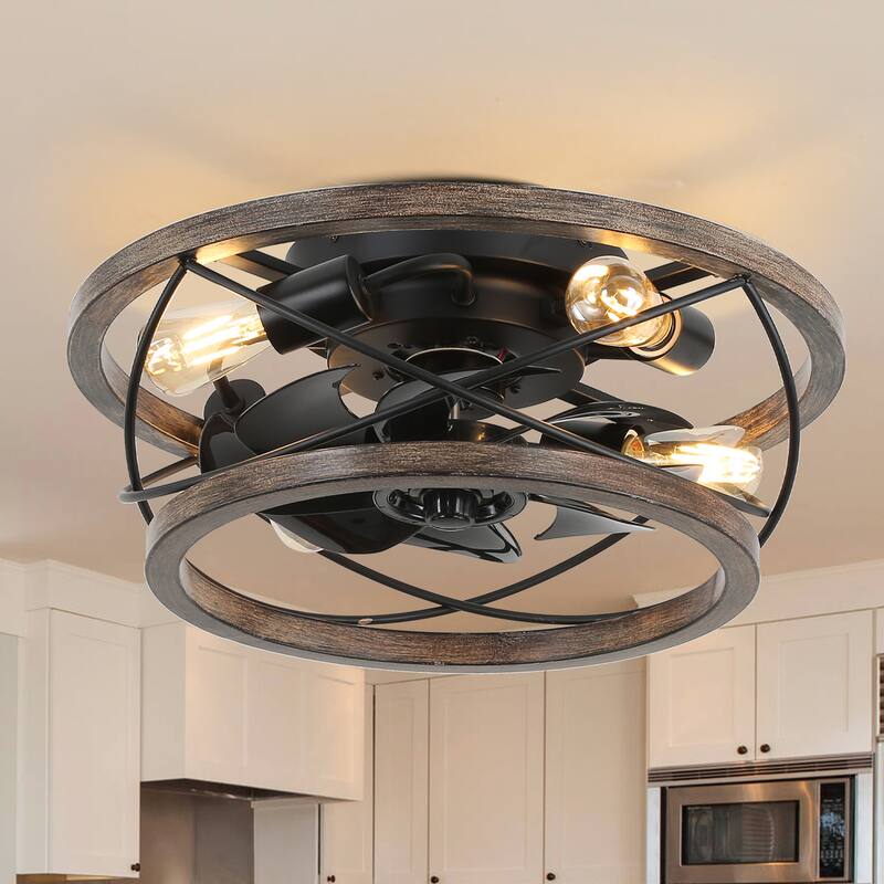 CurveCurio 18" Drum Farmhouse Wood Ceiling Fan, Wood Fan Light with Metal Accents, 4 Light 3 Fan Speed w Remote Control - 18" *18" * 8" - Distressed Wood - On-Off Knob Switch/Dimmer Switch/Remote