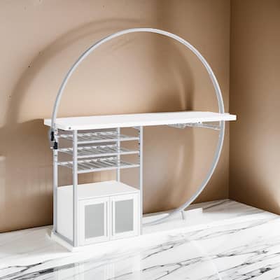Riya Home Bar Table, LED Light, Cabinets, Wine Storage, White, Chrome Metal