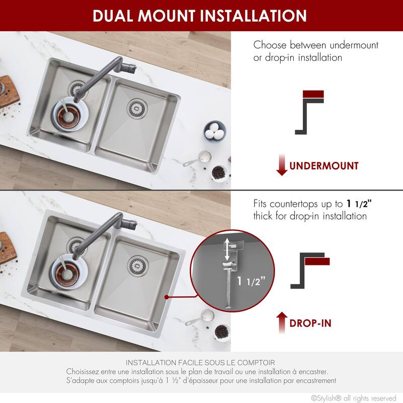STYLISH Toledo DualMount 31" Stainless Steel Double-Bowl Kitchen Sink with Strainers - 31" x 18" x 9"