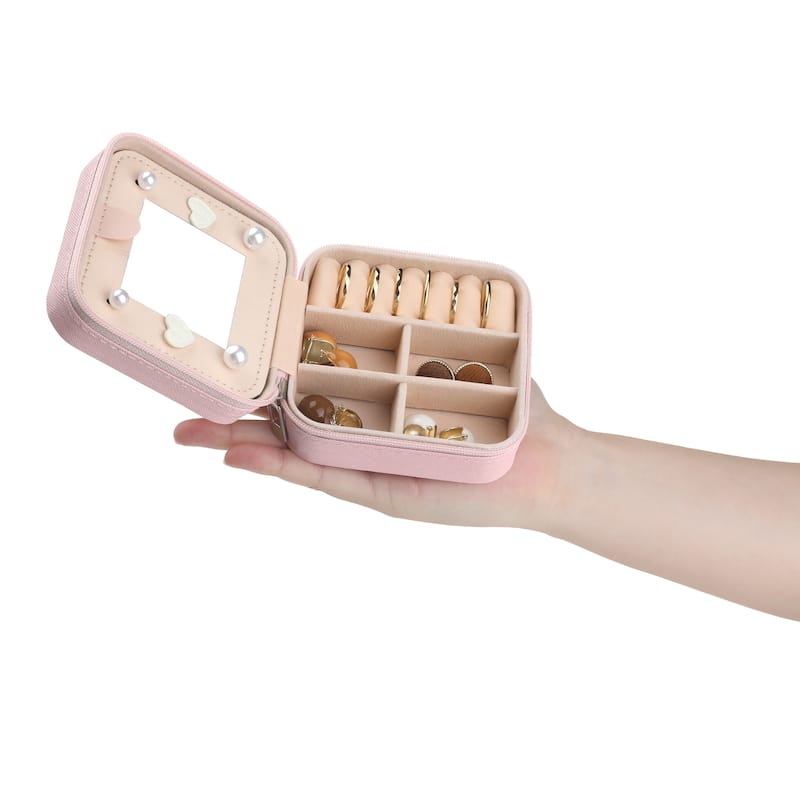 Travel Jewelry Box with Mirror for Women Girls Gifts, Mini Portable PU Leather Jewelry Organizer Case Storage Display Holder