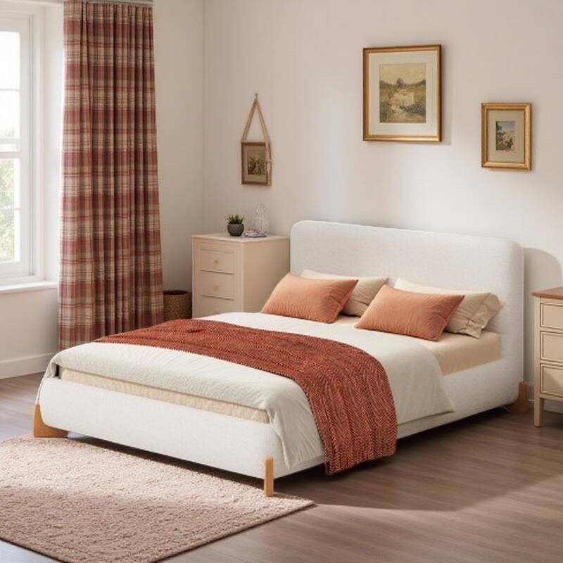 Queen Size Upholstered Bouclé Bed with Solid Wood Legs, Elegant White Platform Bed with Durable Support and Timeless Design - Queen White - Queen