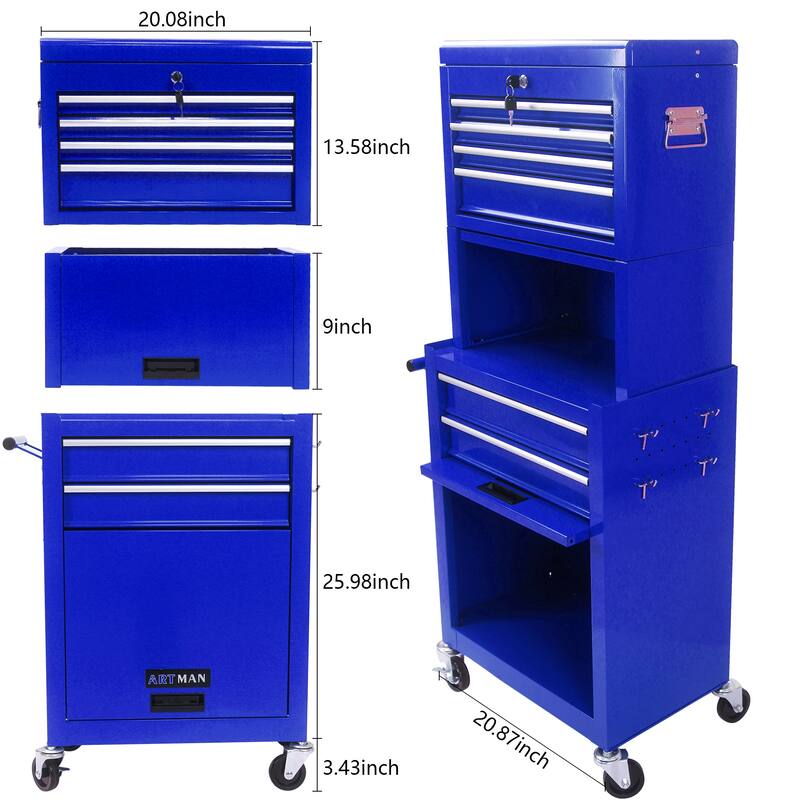 Rolling Tool Chest With 4 Wheels 6 Drawers Bottom Cabinet Large Capacity Tool Storage Cabinet
