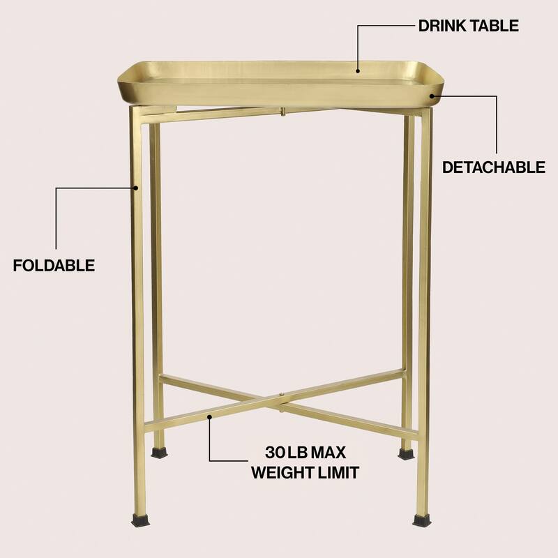 Sterling 26.25" Industrial Metal Foldable End & Side Table w/ Mirrored Tray Top, By JONATHAN Y