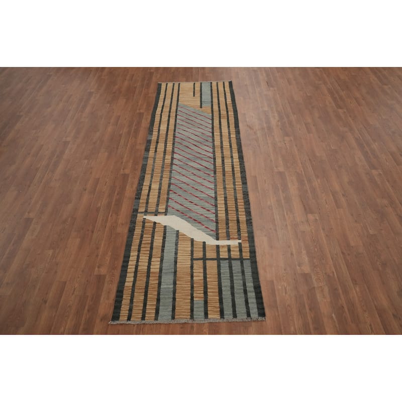 Hand Woven Oriental 100% Wool Carpet Southwestern Modern Greys & Charcoal Kilim Runner Rug - 9' 9'' X 3' 0''