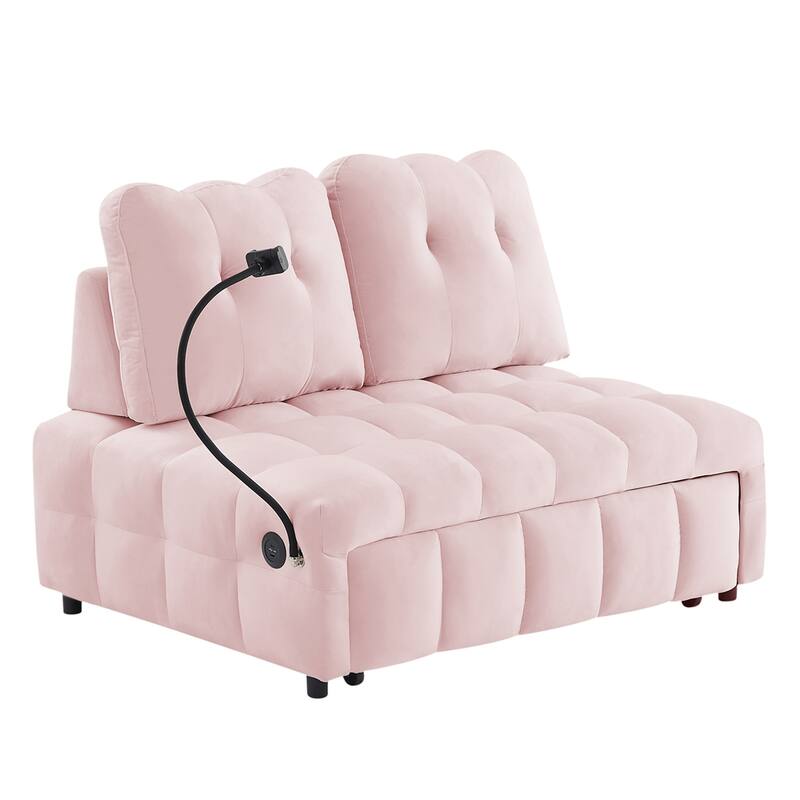 Velvet Pull Out Sofa with Removable Backrest,USB Port and Phone Stand