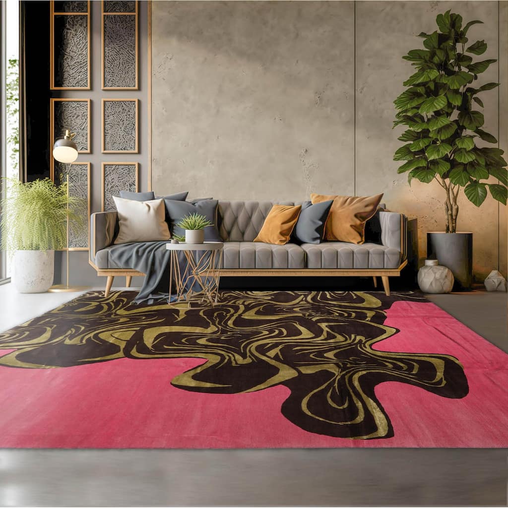 Hand Knotted Pink, Brown Tibetan Wool Modern Oriental Area Rug - 9' x 12'