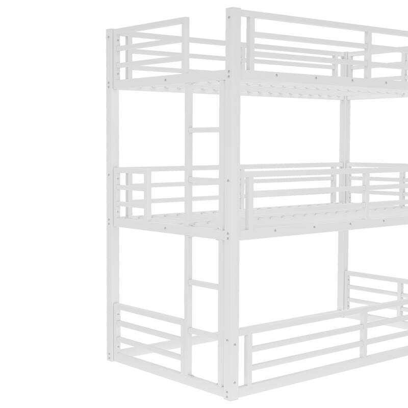 Roomfitters Twin/Full/Queen Metal Triple Bunk Bed with Safety Guardrails, Heavy-Duty Noise-Reduced Frame, White