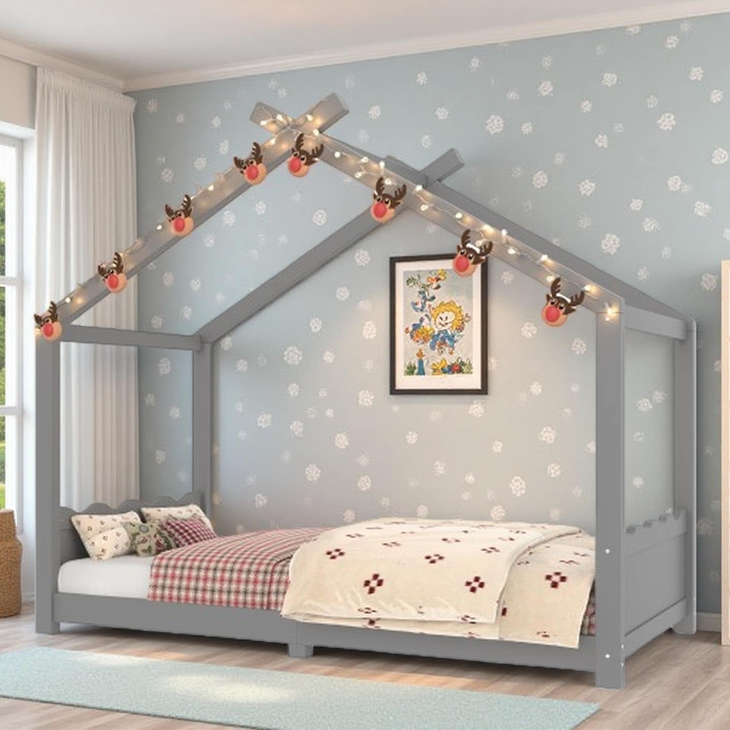 Twin House Floor Bed with Solid Wood Frame, Montessori Low-Profile Design, Integrated Support Slats, No Box Spring Needed