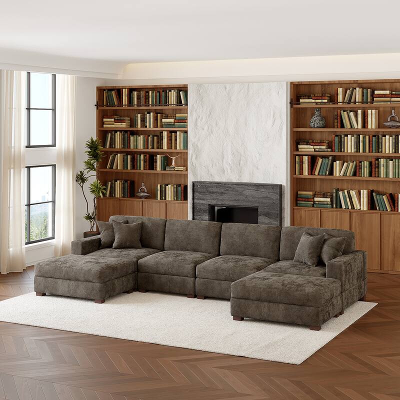 Oversized Chenille Modular Sectional Sofa Conversation Set with 2 Ottomans