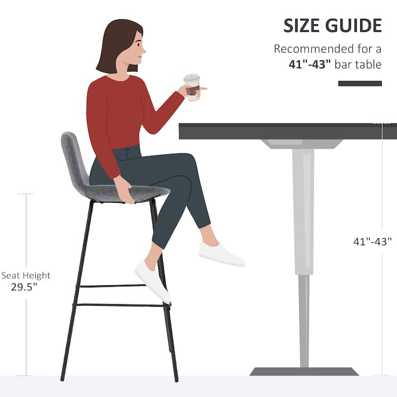HOMCOM 29.5" Seat Height Bar Stools Set of 2, Upholstered Bar Chairs, Armless Barstools with Back, Steel Legs