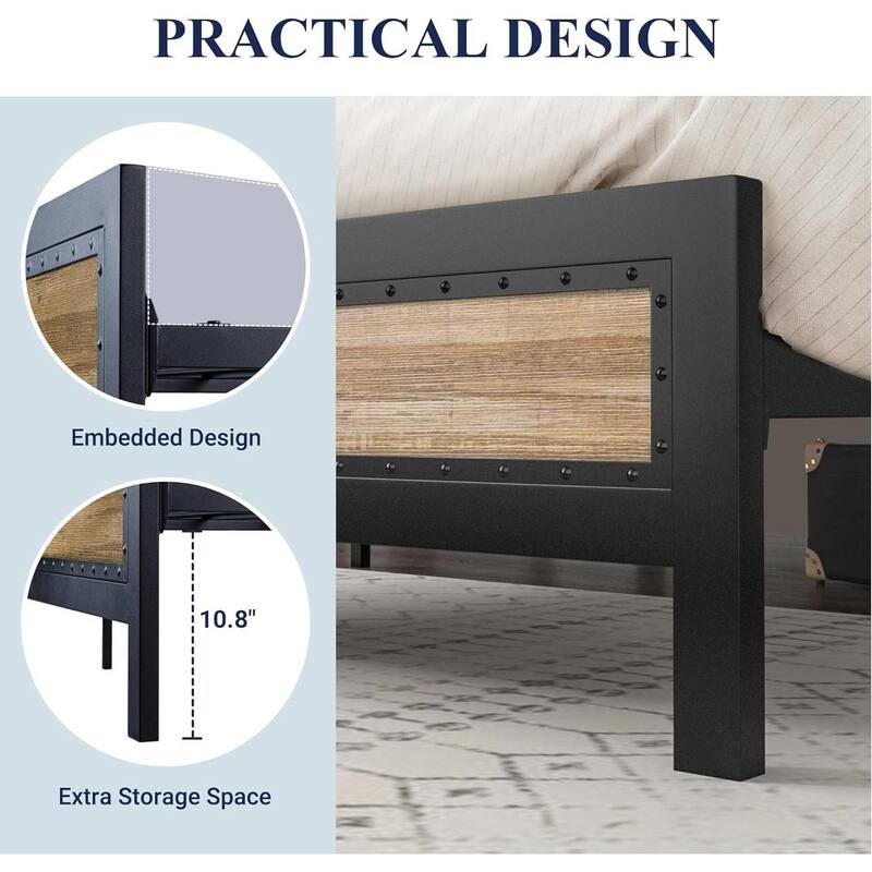 Industrial Rivet Design Wood and Metal Bed Frame with Storage Space