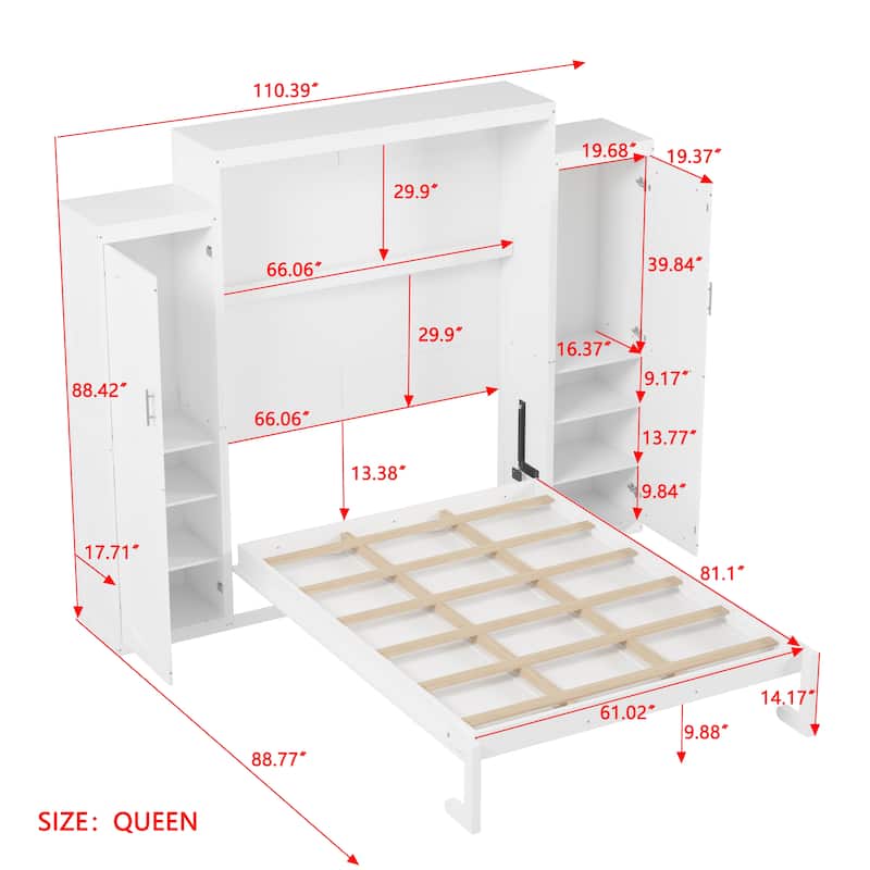 Queen Size Murphy Bed with Two Wardrobes and Multifunctional Foldable Platform Bedframe