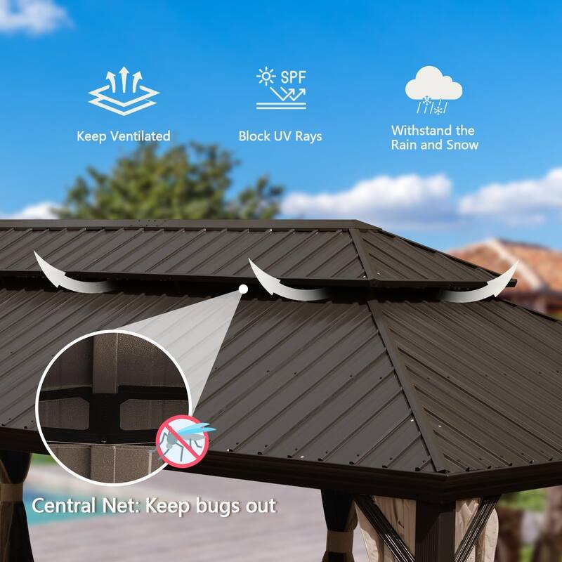 GDFStudio - Terry Outdoor Aluminum Hardtop Gazebo with Galvanized Steel Double Roof, Curtains & Netting