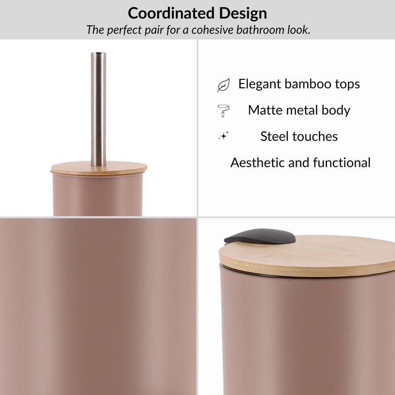 Bathroom Set with Bamboo Lid - Matte Metal Trash Can and Toilet Brush - 15.6" H x 11" L x 11" W