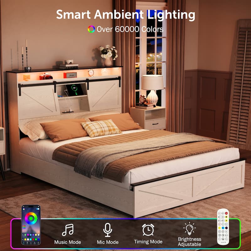 Farmhouse Storage Bed Frame with Storage Headboard, Charging Station and LED Lights, Optional Platform Bed with Drawers