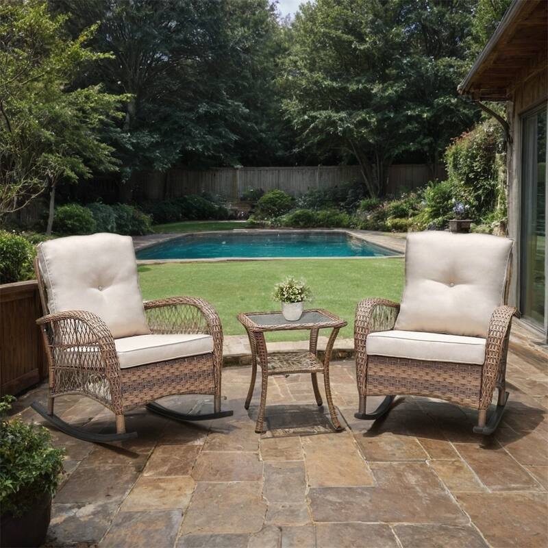 3Pcs Outdoor Patio Wicker Rocking Porch Chair with Waterproof Cushions
