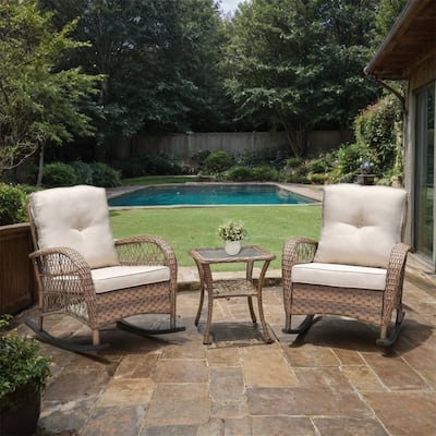 3Pcs Outdoor Patio Wicker Rocking Porch Chair with Waterproof Cushions