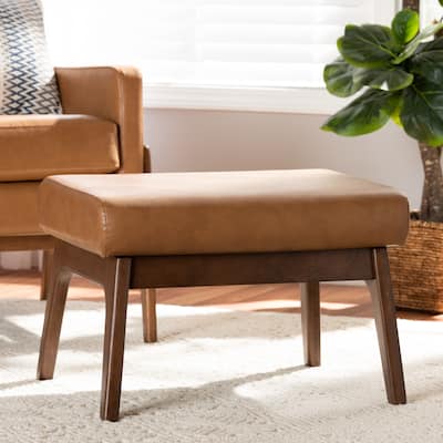 Bianca Mid-Century Walnut Finished Wood and Tan Faux Leather Ottoman