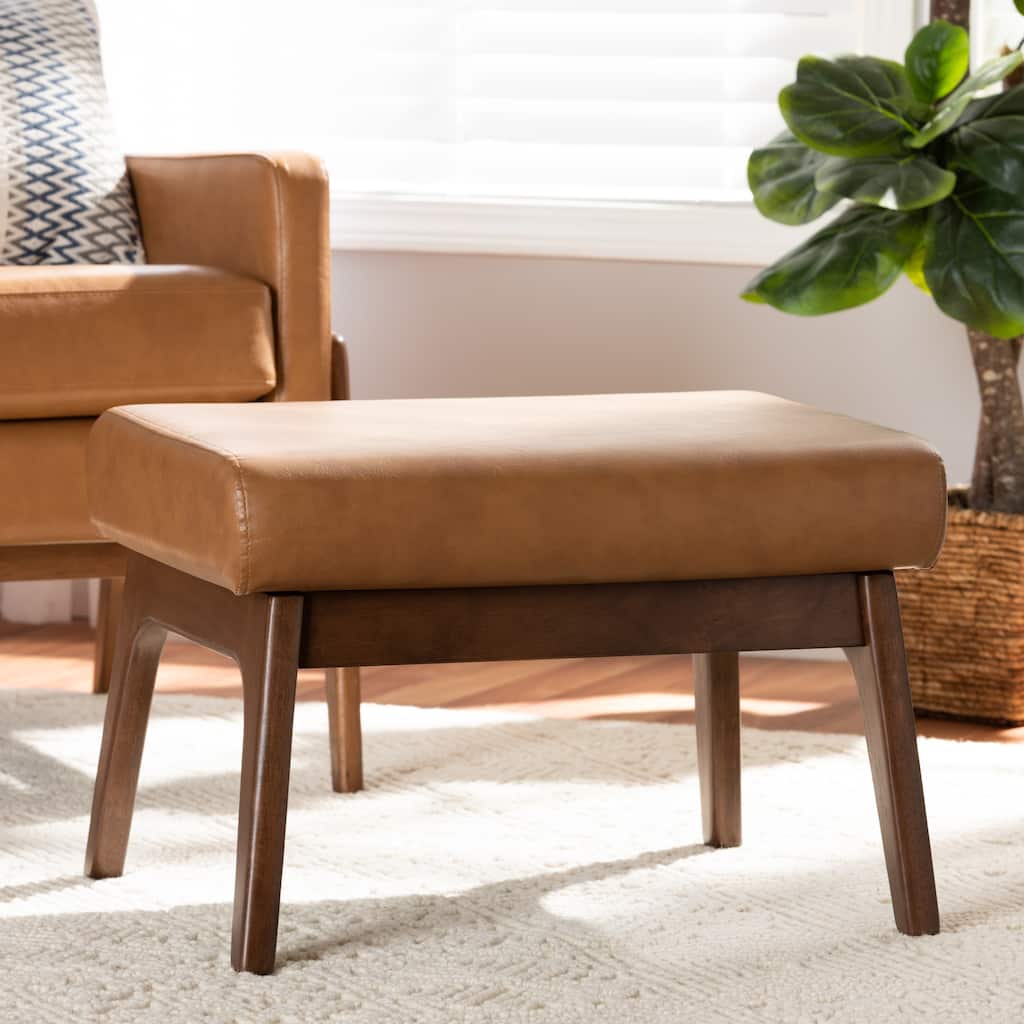 Bianca Mid-Century Walnut Finished Wood and Tan Faux Leather Ottoman