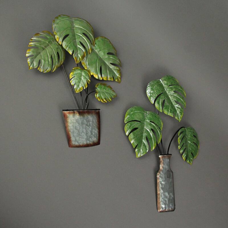 Zeckos Metal Tropical Monstera Potted Plant Wall Sculptures (Set Of 2)