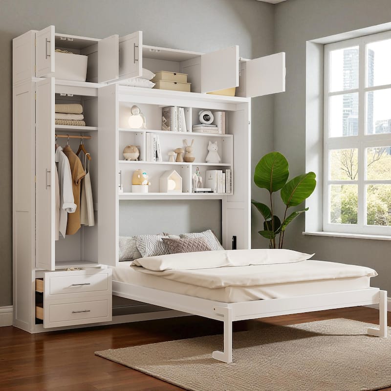 Queen Murphy Wall Bed with Top Cabinets, Shelves & Wardrobe, Space-Saving Foldable Bed with Storage - White - Queen