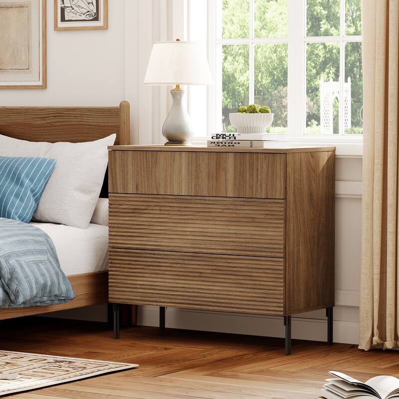 Modern Minimalist Wood Nightstand With 3 Drawers ,31.5" End Table,Reeded Design Bedside Table