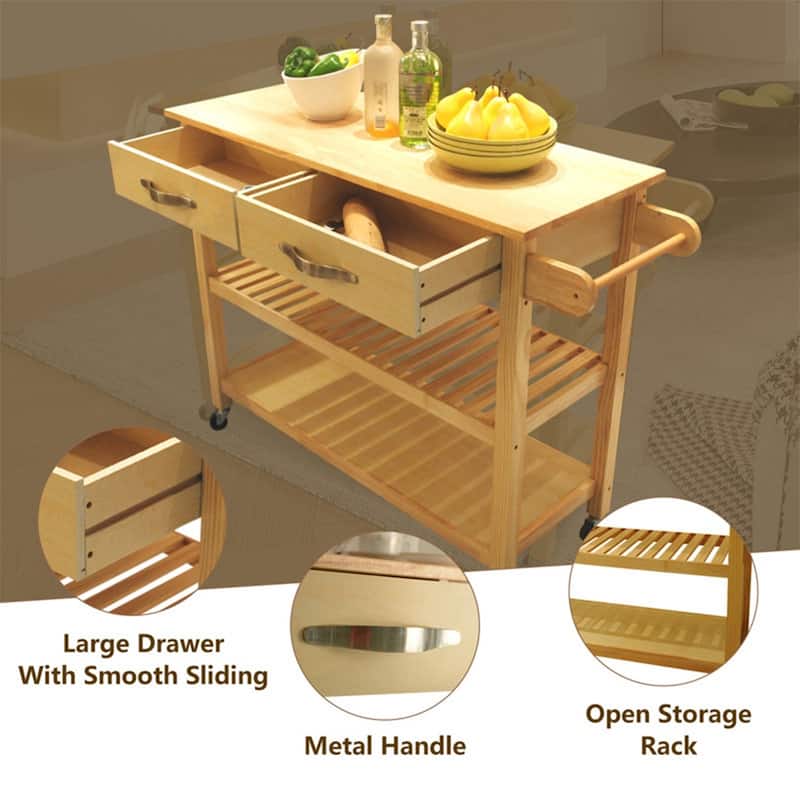 45" Kitchen Island Cart with Wheels, 2 Drawers & Open Storage Shelves - 45 x 17 x 35 inches