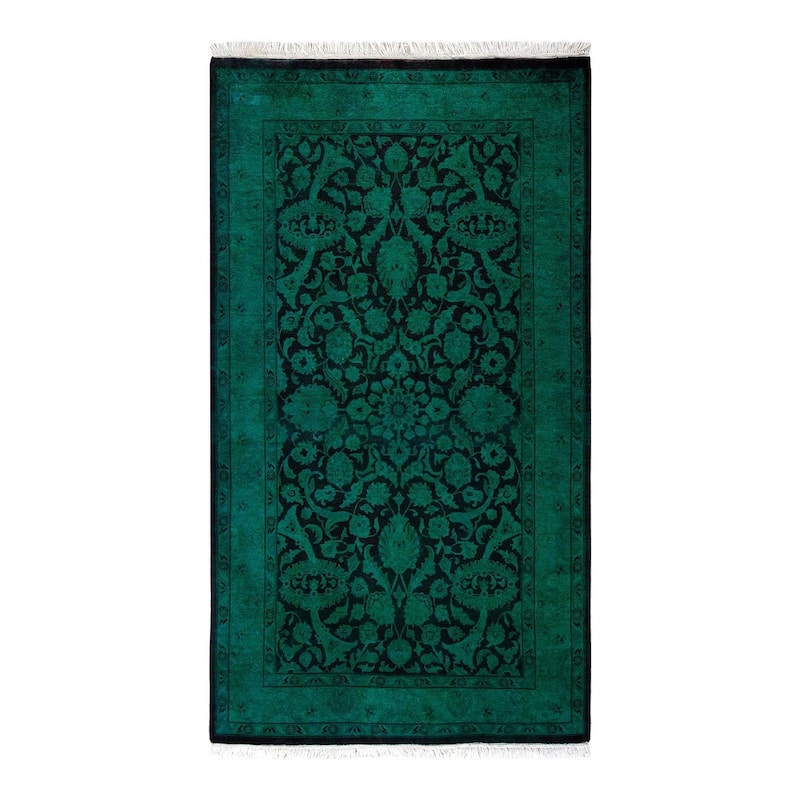 Overton Hand Knotted Wool Vintage Inspired Modern Contemporary Overdyed Green Area Rug - 3' 1" x 5' 5"