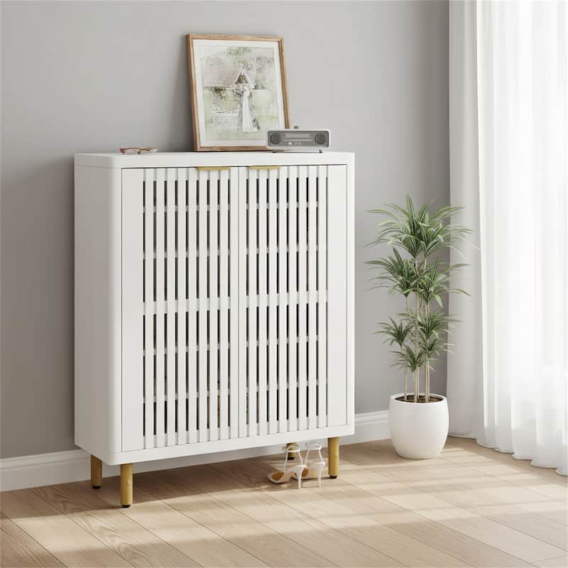 Shoe Storage Cabinet with Breathable Louvers - White & Gold