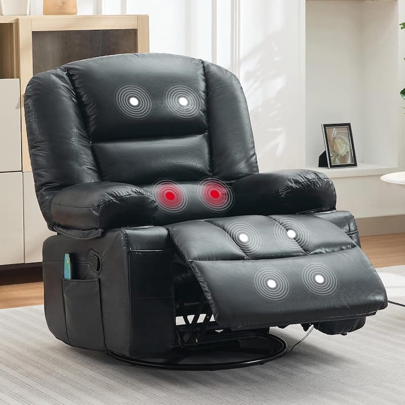 360° Swivel PU Leather Massage and Heating Rocker Recliner Chairs for Living Room, Bedroom - Black