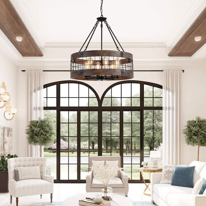 Modern Farmhouse Rustic 6-Light Wood Drum Chandelier for Dinning Room