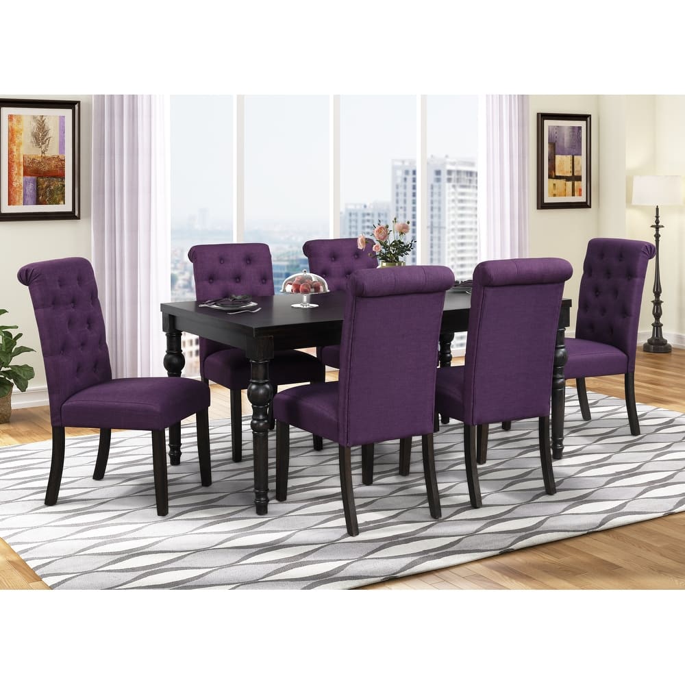 7 Piece Urban Style Wood Dining Table Furniture Set, Rectangular Kitchen Table with 6 Upholstered Tufted High Back Chairs