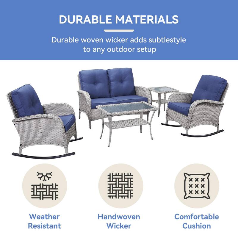 Gymojoy Outdoor Loveseat Sofa Coffee Table Rocking Chair SIde Table Set