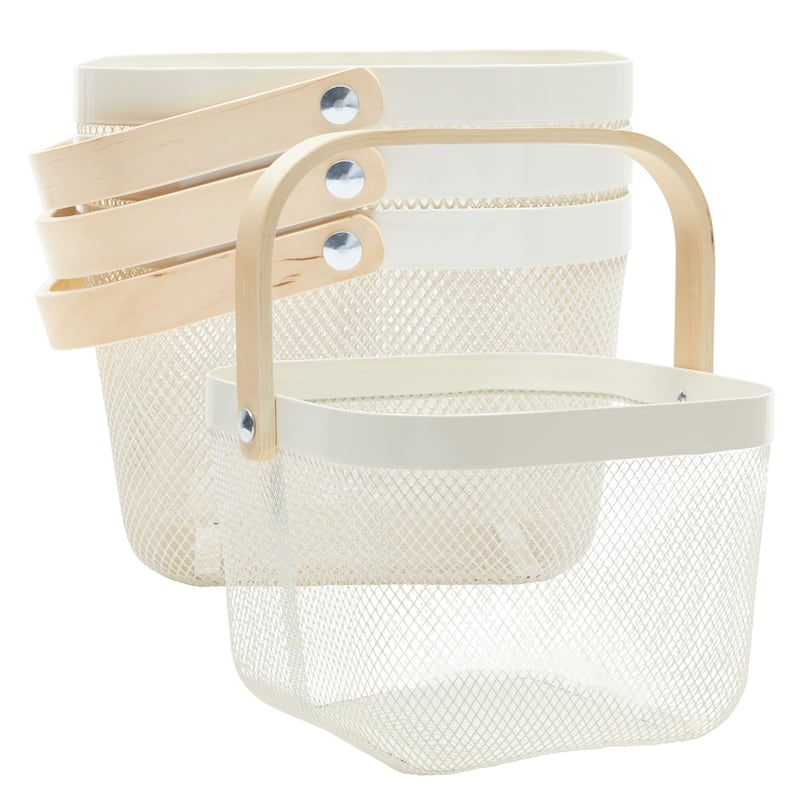4 Pack Mesh Fruit Basket with Wooden Handles, Square, White, 9.5 x 9.5 x 7 In