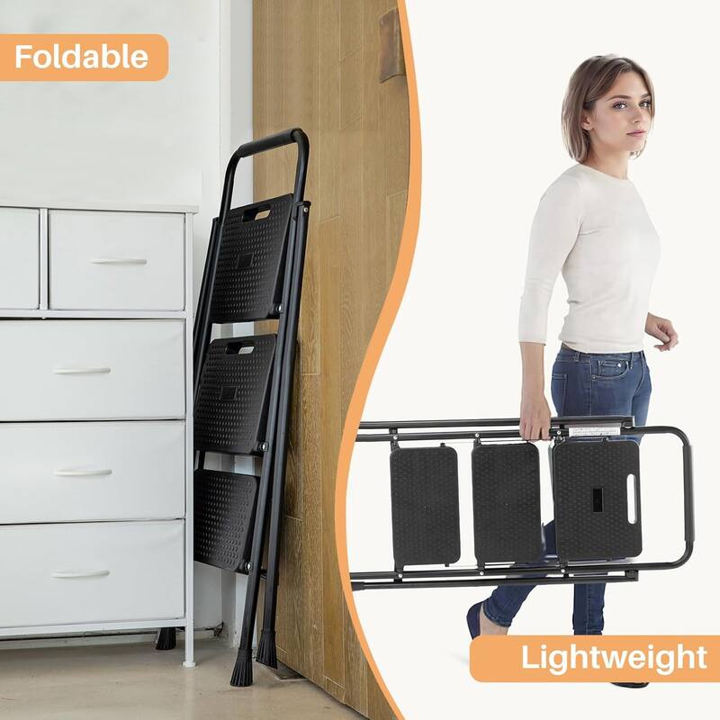 2 Step 3 Step Ladder, Foldable Step Stool Ladder with Anti-Slip Pedal, Sturdy Folding Step Tool, Black
