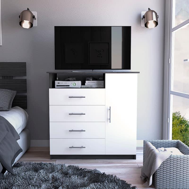 TUHOME Peru 4 Drawer Dresser with Vertical Cupboard & Open Shelf