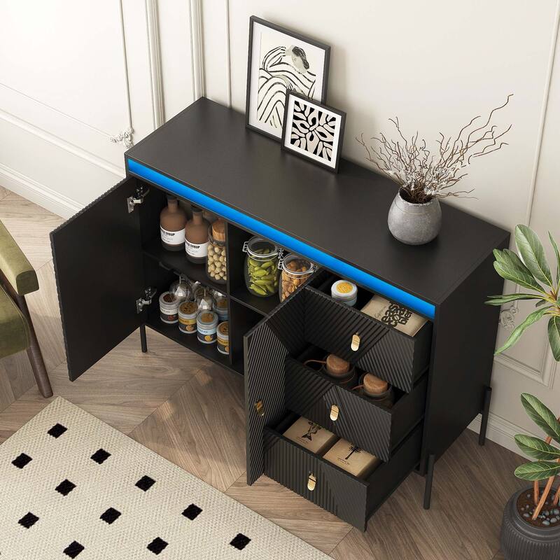 Fluted Sideboard Cabinet with LED Lights, 2 Doors & 3 Drawers, Black Buffet/Sideboard - 3 Doors + 3 Drawers