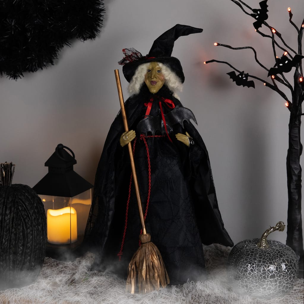 Dark Witch with Bat and Broom Halloween Figure - 18" - Black
