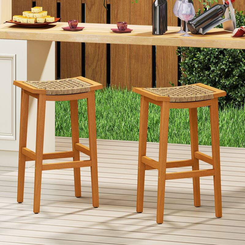 Gymax Outdoor Acacia Wood Bar Stools Set of 4 w/ PE Rattan Seats &
