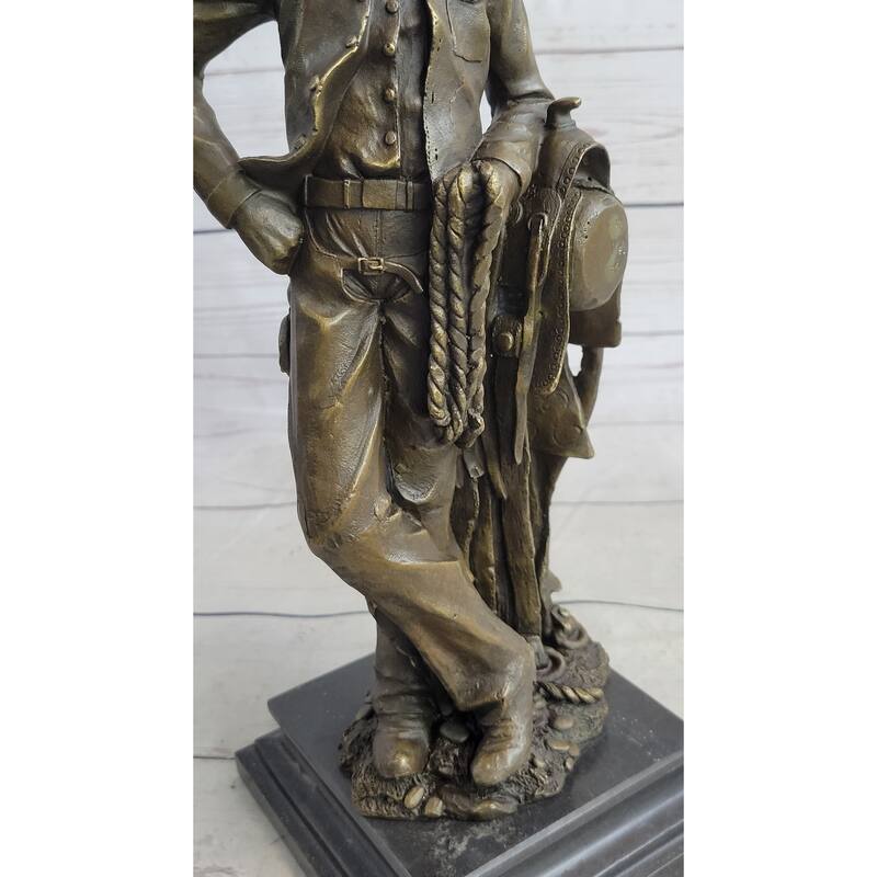 Signed Original Patoue French Artist Cowboy With Rope Bronze Statue Sculpture