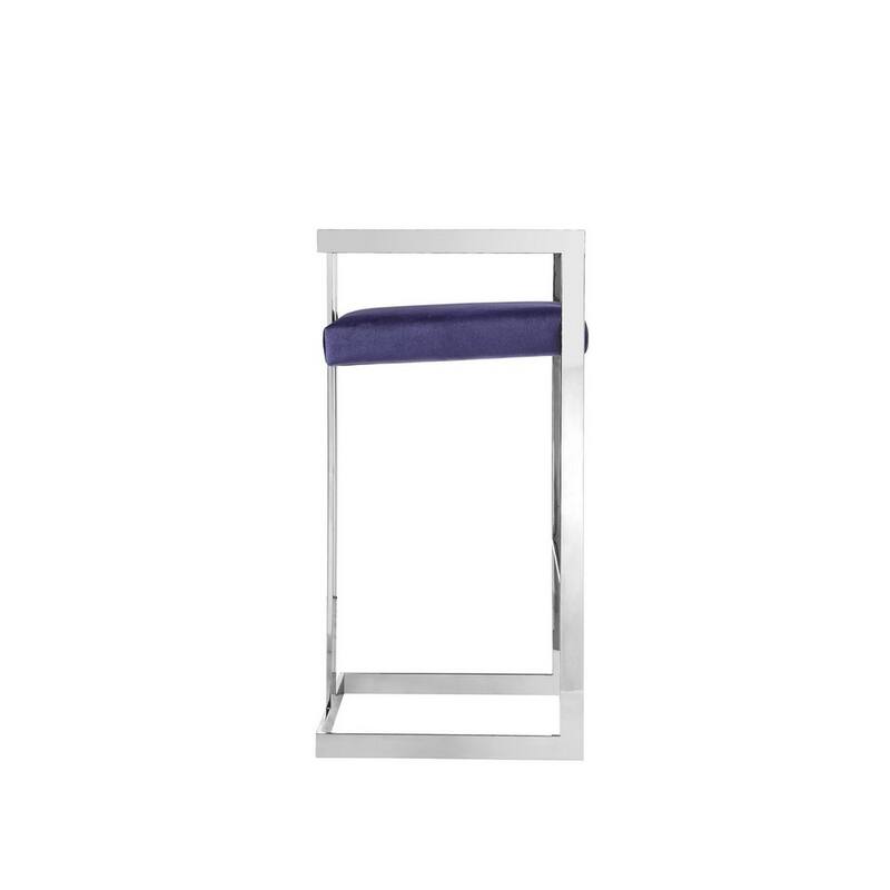 Suki 30 Inch Cantilever Barstool Chair, Foam Navy Blue Velvet, Silver Frame