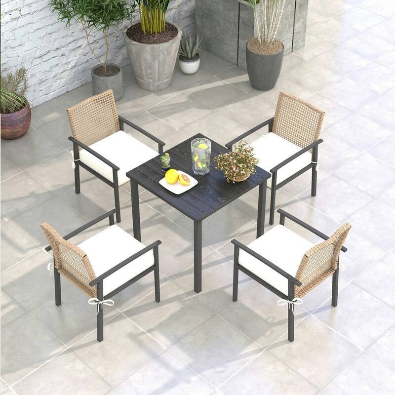 5-Piece Outdoor Dining Set for 4, Wicker Chairs, Cushions, Metal Table