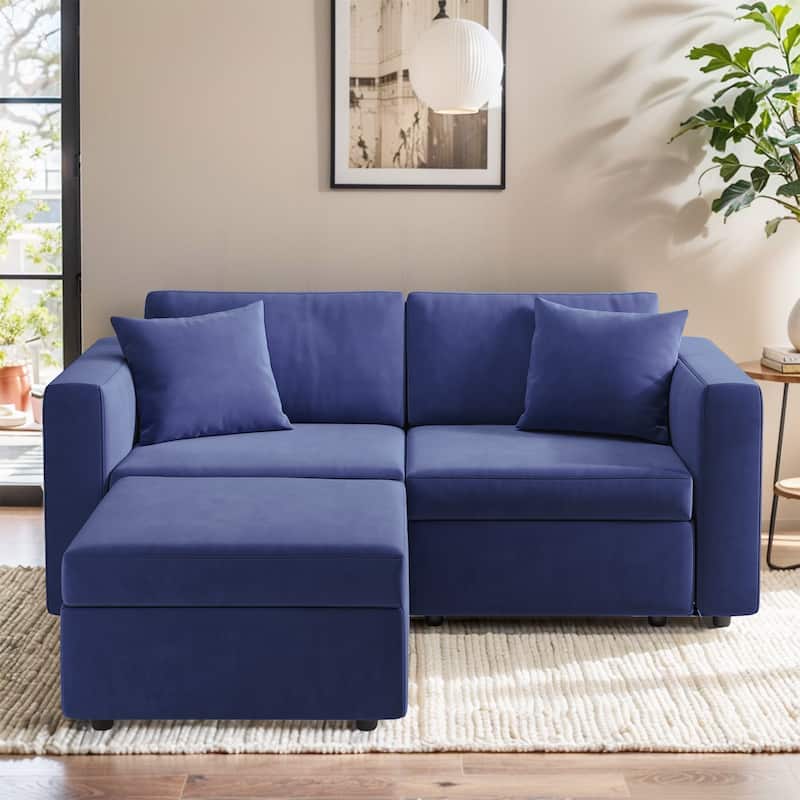 Pocassy Cloud Sectional Couch Upholstered Velvet Couches - 2-Seat with Ottoman - Blue