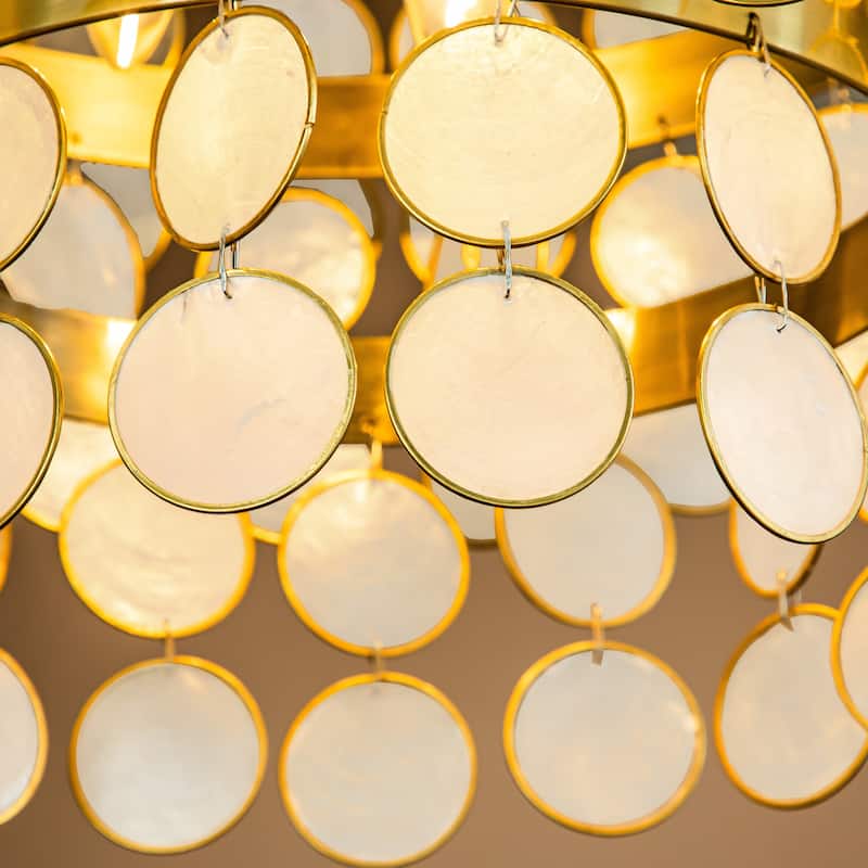 4-Light Round Coastal Capiz Shells Tiered Chandelier With Antique Gold Metal-Open Box