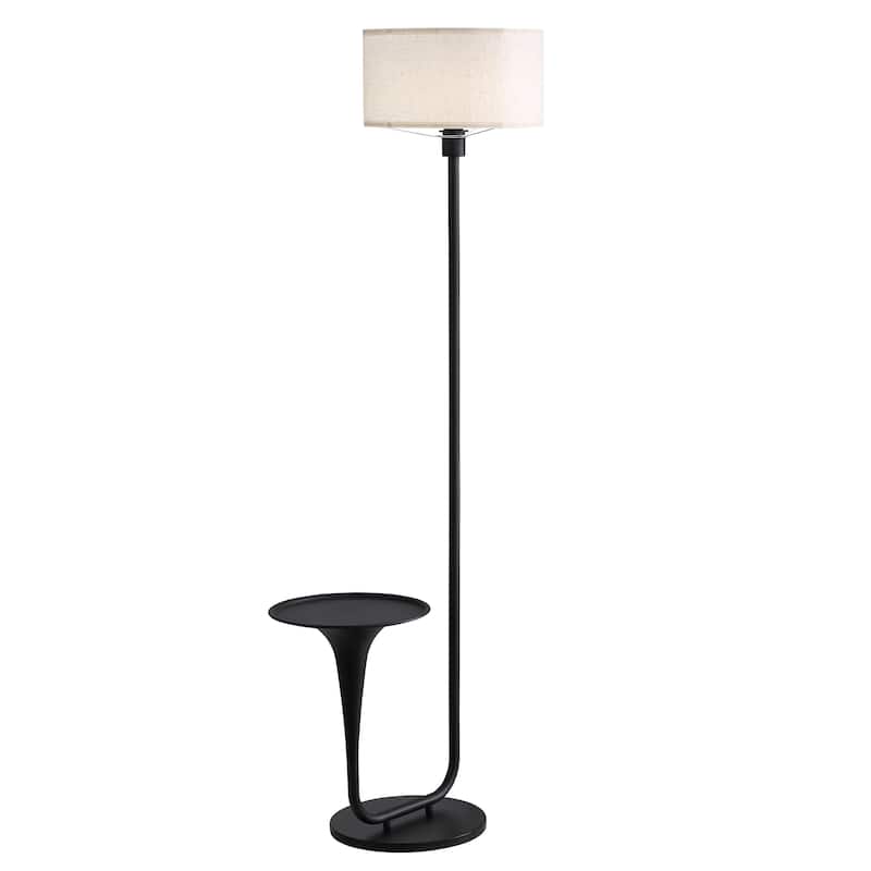 Anmytek Modern LED Floor Lamp with Integrated Side Table, Matte Black Metal Frame & Linen Drum Shade for Living Room - Black