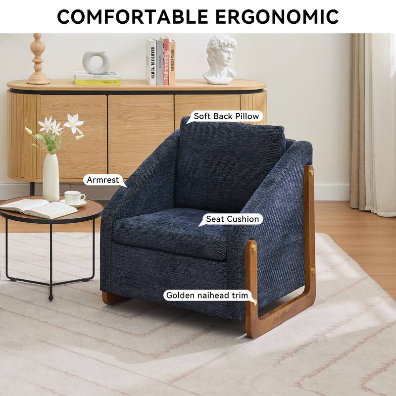 Chenille Fabric Modern Armchair with Wooden Side Frame, Cushioned Seat and Backrest, and Golden Nailhead Trim