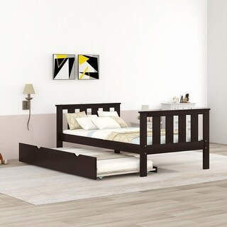 Twin Bed Frame Wood Platform Bed with Pull Out Trundle and Headboard and Footboard
