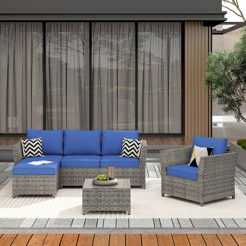 HOOOWOOO 6-piece Grey Rattan Patio Furniture Outdoor Sectional Set with Ottoman - Navy Blue