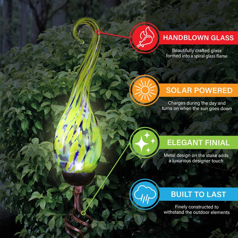 Exhart Solar Hand Blown Pearlized Glass Spiral Flame Garden Stake with Metal Finial Detail, 36 Inch